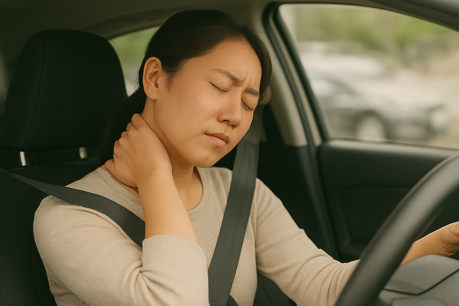 首の痛みを気にしている様子
