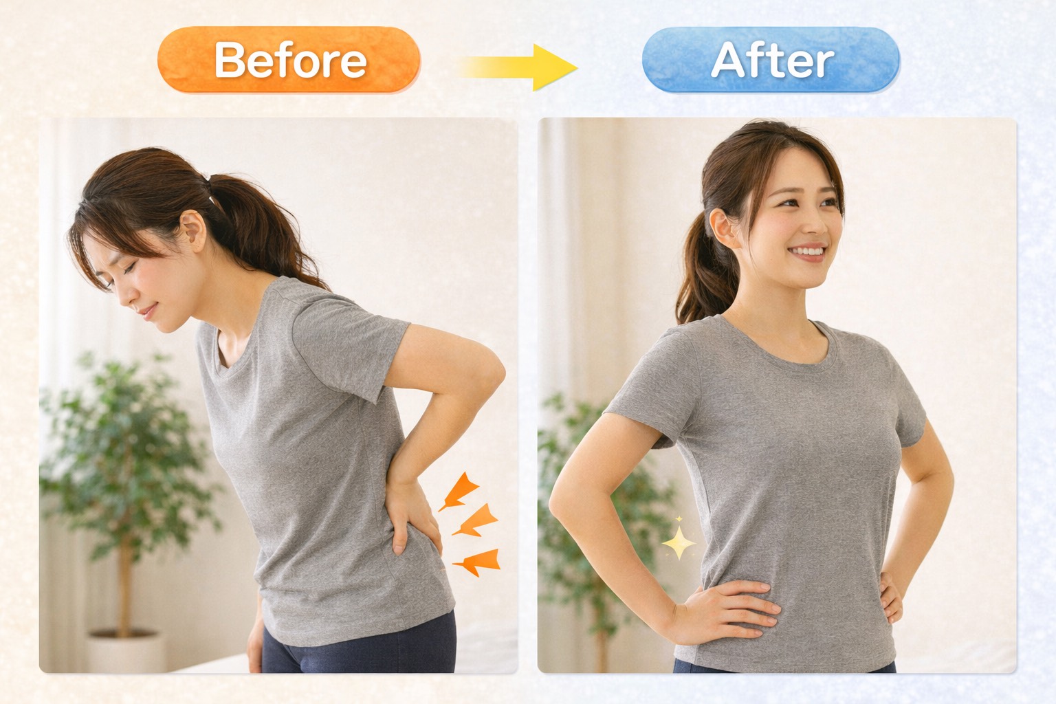 姿勢が改善され、腰痛が良くなっている様子