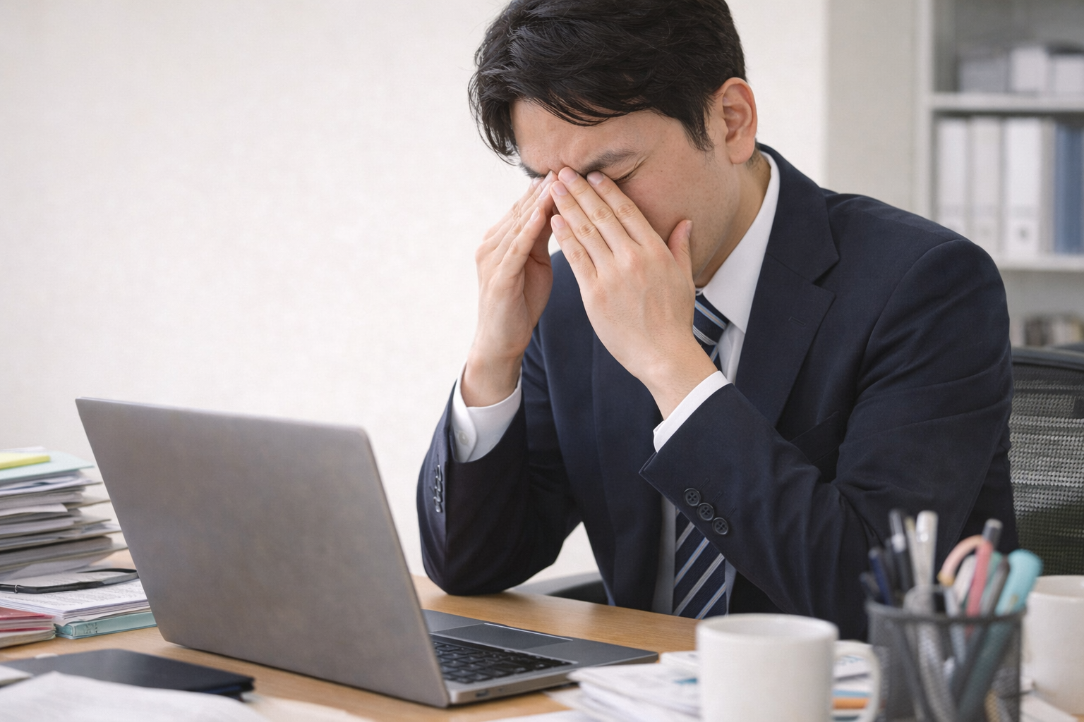 デスクワークをしていて眼精疲労と肩こりと頭痛に悩んでいる男性